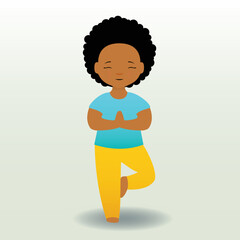 Cute girl practicing yoga, tree pose asana. Cartoon flat vector illustration.
