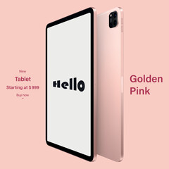 tablet pink color with blank touch screen saver and backside view isolated on pink background. mockup of realistic and detailed device. vector 3d isometric illustration