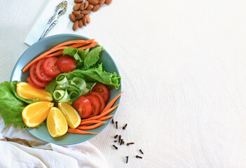 Fototapeta na wymiar Top view of fresh fruits and vegetables.health care. Balanced diet.