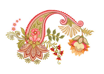 Fantasy flowers and paisley in retro, vintage, jacobean embroidery style. Elements, motif for design. Vector illustration. © Elen  Lane