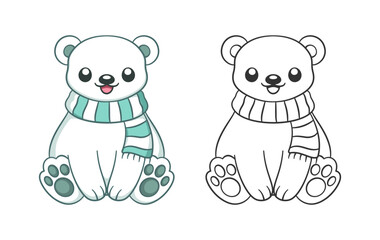 Naklejka premium Cute chibi snow polar bear wearing a scarf outline and colored doodle cartoon illustration set. Winter Christmas theme coloring book page activity for kids and adults.
