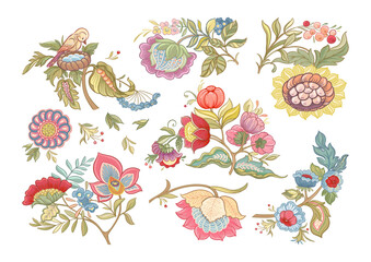 Fantasy flowers in retro, vintage, jacobean embroidery style. Elements for design. Vector illustration.