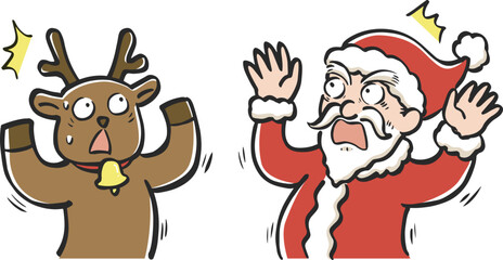 Naklejka premium 驚くサンタクロースとトナカイのイラスト