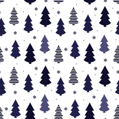 Vector winter seamless pattern. Illustration of new year trees and snowflakes. Merry Christmas and happy New Year. Christmas background. Winter wrapping.