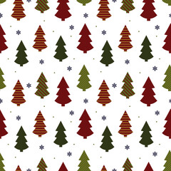 Vector winter seamless pattern. Illustration of new year trees and snowflakes. Merry Christmas and happy New Year. Christmas background. Winter wrapping.