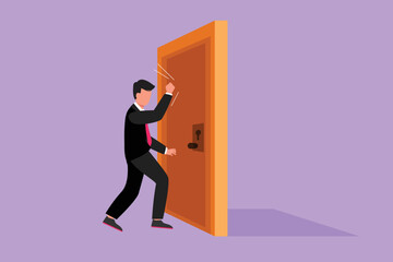 Character flat drawing businessman knocking at door. Male manager standing at entrance of meeting room knocking door. Young man in formal suit is knocking at door. Cartoon design vector illustration