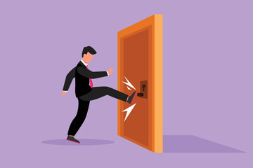 Cartoon flat style drawing of young businessman kicks door closed with his leg. Aggressive business approach. Business struggles for success in market competition. Graphic design vector illustration