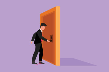 Cartoon flat style drawing young businessman holding a door knob. Entering working room in office building. Man holding door knob to open door and enter work space. Graphic design vector illustration