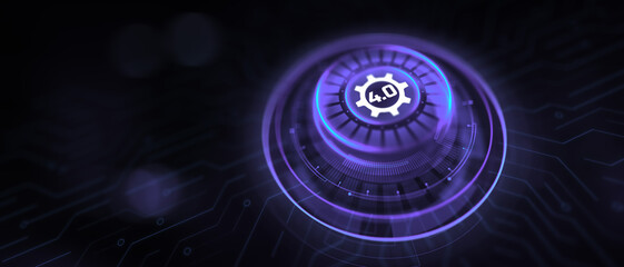 Industry 4.0 smart innovation automation technology concept. Virtual button on screen.