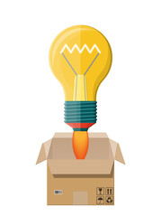 Light idea bulb ejected from cardboard box.