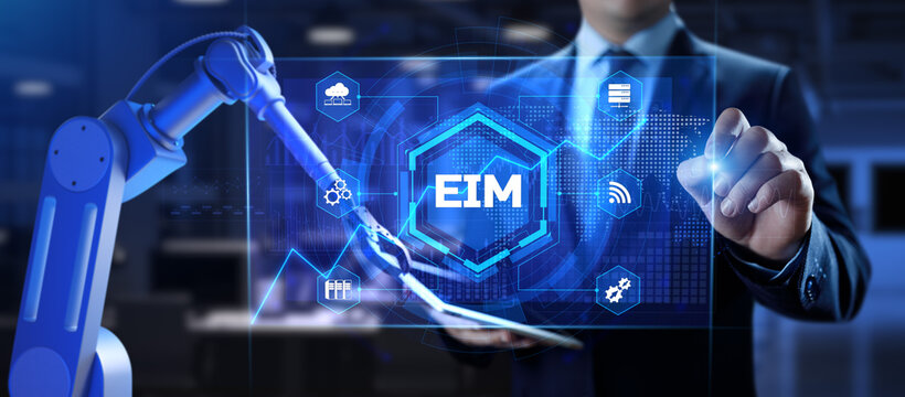 EIM Enterprise information management business and industrial technology concept. 3d render cobot robotic arm.