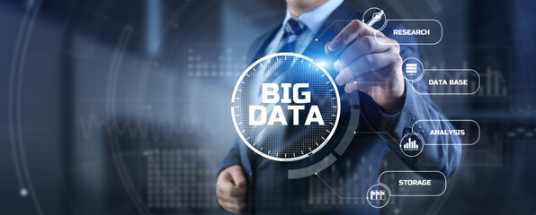 Fototapeta na wymiar Big Data Analysis Analytics internet technology concept. Businessman pressing button on screen.