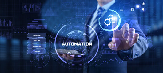 Fototapeta na wymiar Automation Innovation technology concept. Businessman pressing button on screen.