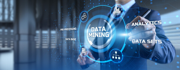 Big data information technology concept. Businessman pressing button on screen.