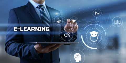 E-learning Online learning distance education concept. Businessman pressing button on screen.