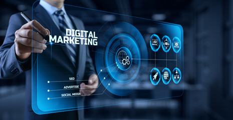 DIgital marketing online internet SEO SEM SMM. Businessman pressing button on screen.