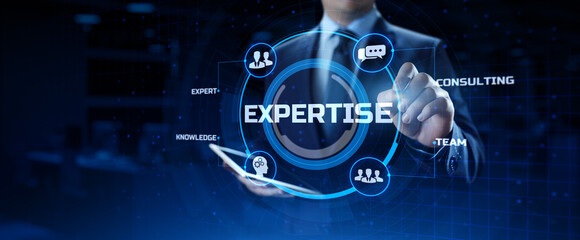 Fototapeta na wymiar Expertise business consulting concept. Businessman pressing button on screen.