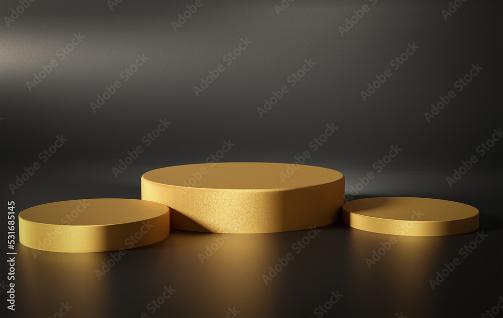 Poster blank gold exhibition stage backdrop or empty product shelf. rock pedestal of platform display moder