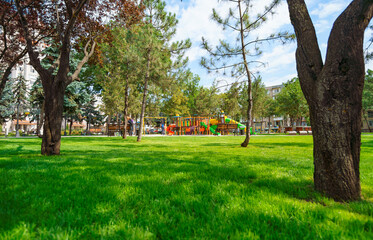city park in day, beautiful nature, trees and lawn, children's playground with children playing in the distance, late summer and early autumn season, urban architecture, street and random people