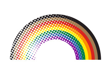 Rainbow pride flag symbol with black and brown stripes. Halftone style. Vector illustration