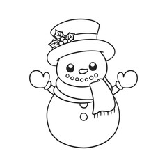 Cute snow man wearing a top hat with mistletoe and scarf outline doodle cartoon illustration. Winter Christmas theme coloring book page activity for kids and adults.