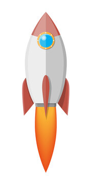 Cartoon rocket in the sky. Space ship take off.