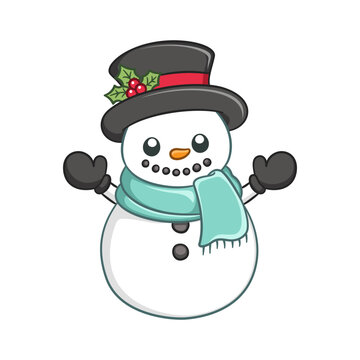 Cute snow man wearing a top hat with mistletoe and scarf cartoon illustration. Winter Christmas theme clip art.