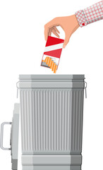 Hand putting cigarettes package in trash bin
