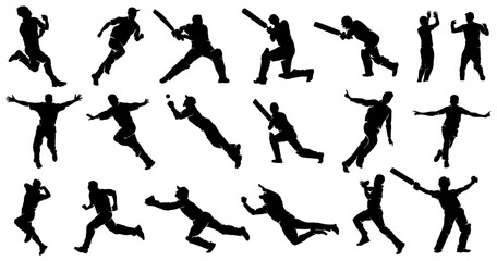 Set of cricket players batting bowling fielding catching ball celebrating after victory silhouettes Vector Illustration