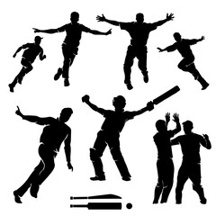 Set of cricket players celebrating after victory silhouettes Vector Illustration