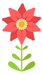 Flower with red petals. Growing plant with stem and leaves