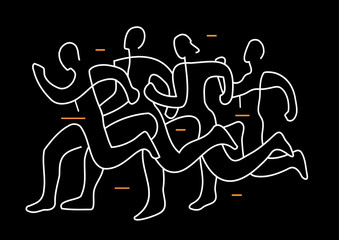 Running race, line art stylized.
Illustration of group of running racers. Continuous line drawing design.Isolated on black background. Vector available.
