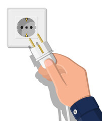 Electrical outlet and hand with plug.
