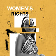 Protection of women's rights. Contemporary art collage. Surrealism. Fight, struggle for female...