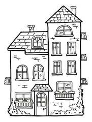 Cute house facade with tiled roof and chimney doodle