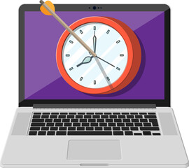 Target with bow arrow and clock on laptop screen.
