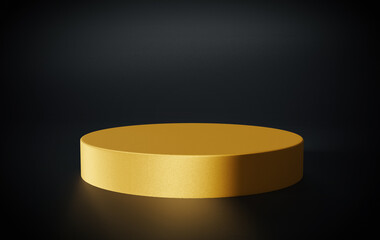 Blank gold exhibition stage backdrop or empty product shelf. rock pedestal of platform display modern stand podium on black room background, 3D rendering