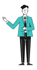 Standing man showing something. Businessman doing presentation