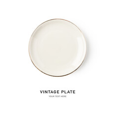 Empty vintage plate isolated on white.