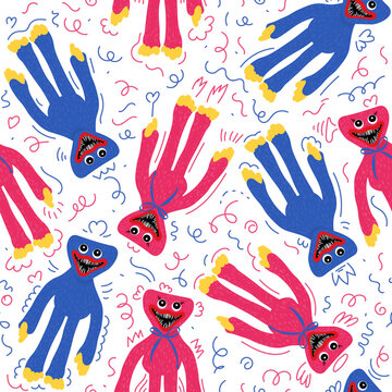 Seamless pattern with Huggy Wuggy and Kissy Missy