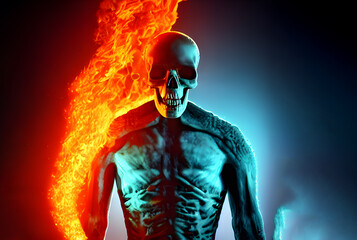 Abstract fantasy skeleton from the world of the dead on fire. Blue yellow fire background.