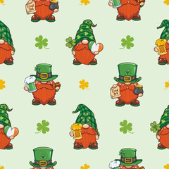 Seamless Pattern Cute Gnome Leprechaun, Happy Saint Patrick Day, Cartoon Illustration