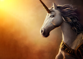 Unicorn close-up, fantastic animal, illustration. Copy space, profile portrait