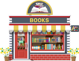 Bookstore shop exterior. Books shop brick building