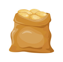 Sack of potatoes. Cartoon burlap bag full of heap ripe potato, food ingredients, png illustration