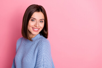Closeup portrait of young smiling happy cute girl looking directly you recommend new dentistry isolated on pink color background - obrazy, fototapety, plakaty