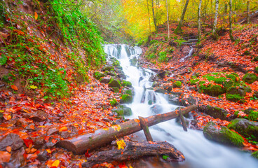 Sevenlakes (Yedigöller) National Park, the most beautiful colors of autumn, the waterfall was...