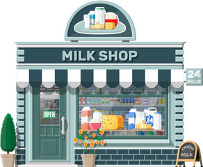 Dairy store or milk shop with signboard, awning.