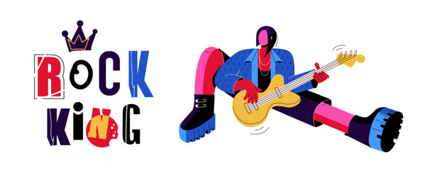 Musicians rocker plays guitar. Lettering is the King of rock. Punk in big boots on a white background