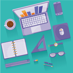 laptop, coffee, and various office supplies lie on the same turquoise table, flat, isolated object, vector illustration, set,